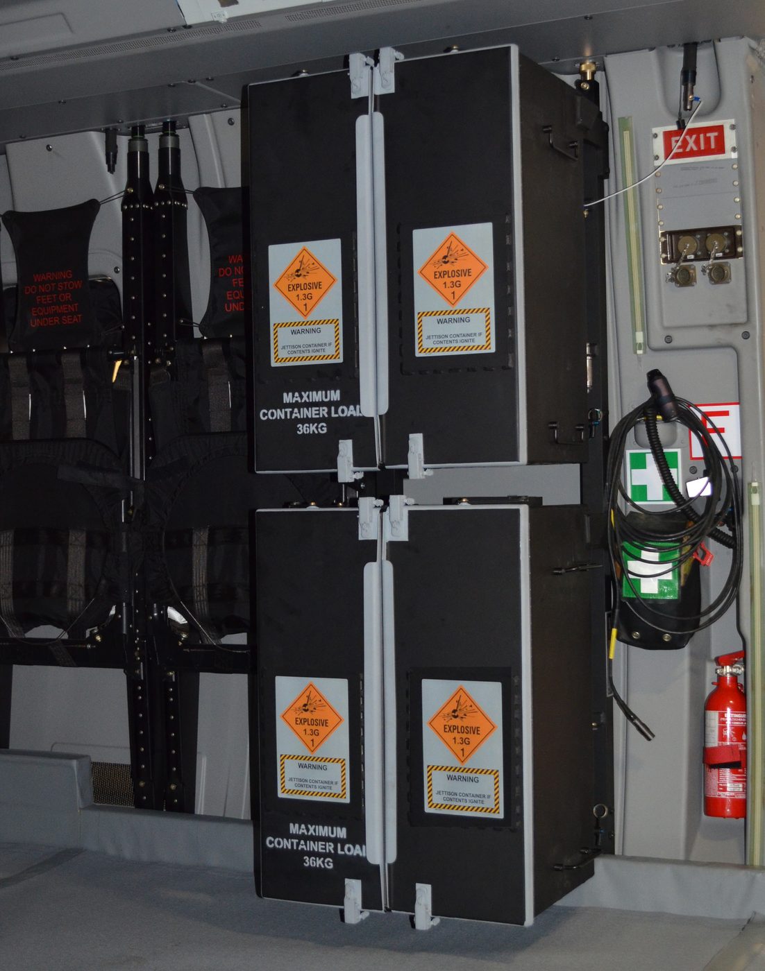 Two AMCE Pyrotechnics Containers stacked in the MRH90 cabin